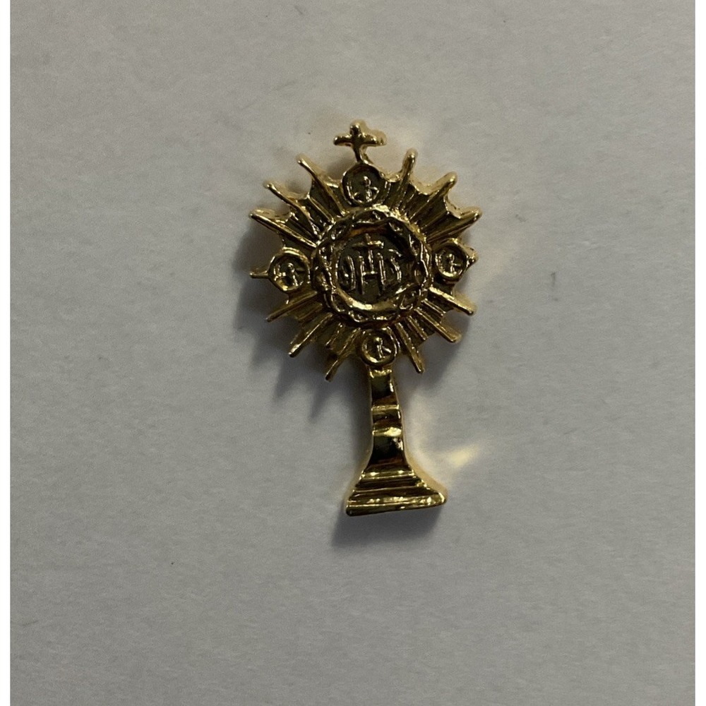Monstrance IHS Religious Gold Tone Pin Brooch Pinback Catholic Sacrament Gift